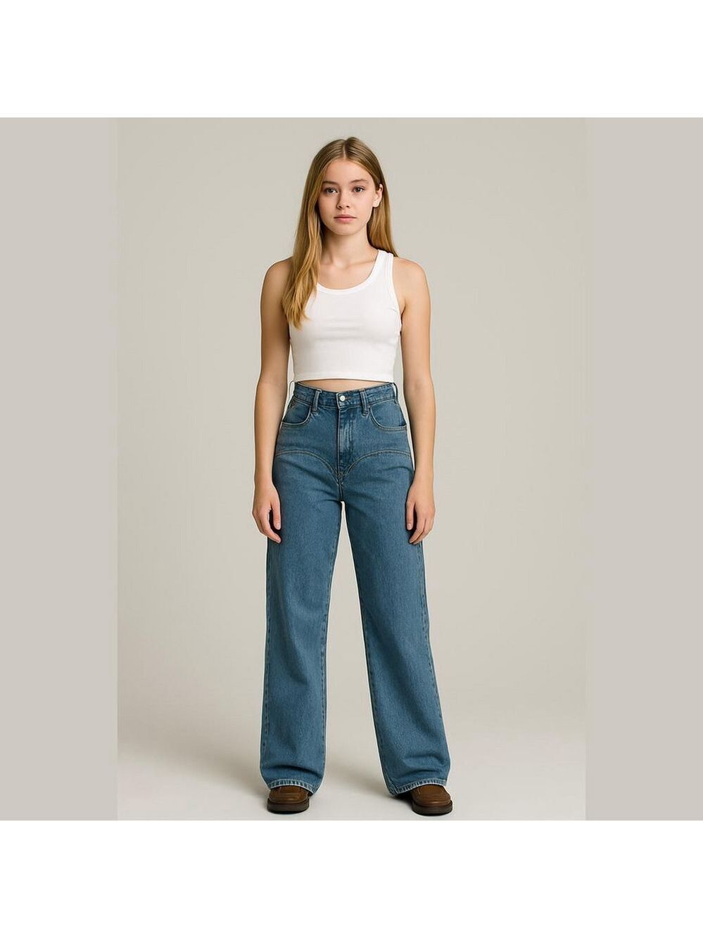 Prettylittlething Indigo Blue Western Detail Wide Leg Jeans Size 12